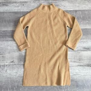 Pink Martini Long Live Ribbed Sweater Tunic Dress Womens L Mock Neck Camel Tan